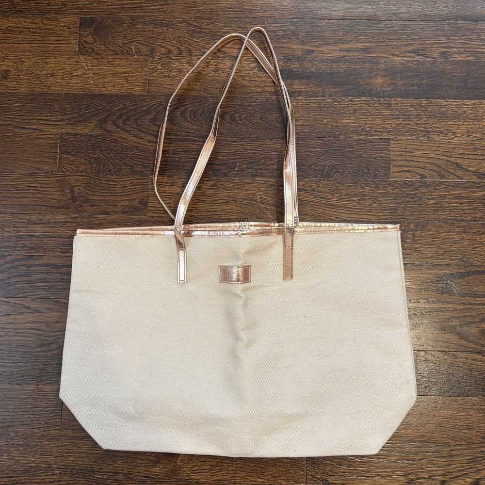 NWOT Laura Geller Beige Glitter Pink Copper Trim Tote Bag 18"W 11.5"H 4.5"D